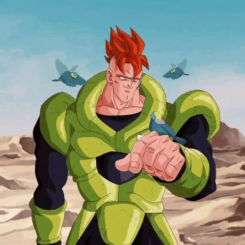 a cartoon character with red hair is holding a blue bird on his wrist