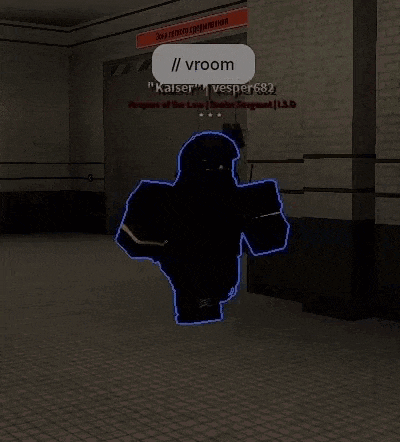 a screenshot of a video game shows a shadow of a person with a speech bubble that says " // vroom "