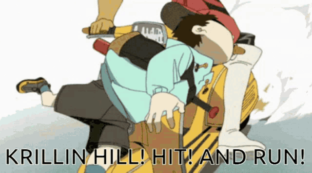 a cartoon of a man riding a motorcycle with the words krillin hill hit and run written below him