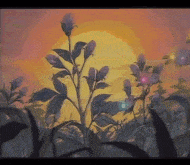 a painting of flowers in a field with the sun in the background