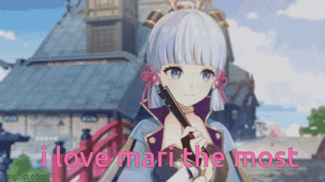 a video game character is holding a sword and the words i love mari the most