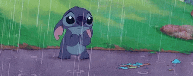 stitch is crying in the rain while standing on the sidewalk .