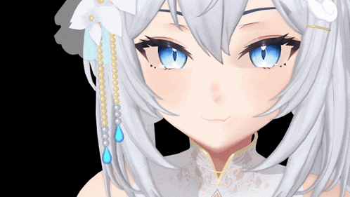 a close up of a girl 's face with a flower in her hair