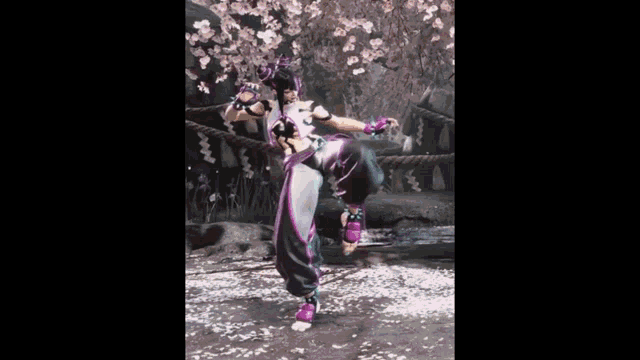 a woman in a purple and black outfit is standing on one leg in front of a cherry blossom tree