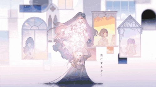 a girl in a white dress stands in front of a window with chinese characters on it