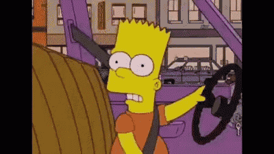 bart simpson is wearing a seat belt and holding a steering wheel while driving a car .