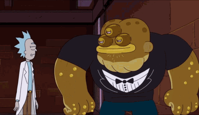 a cartoon character with three eyes and a tuxedo shirt