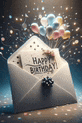a birthday card is coming out of an envelope with balloons and confetti .