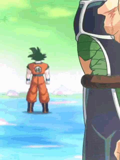 a cartoon of goku and bardock standing next to each other in the water