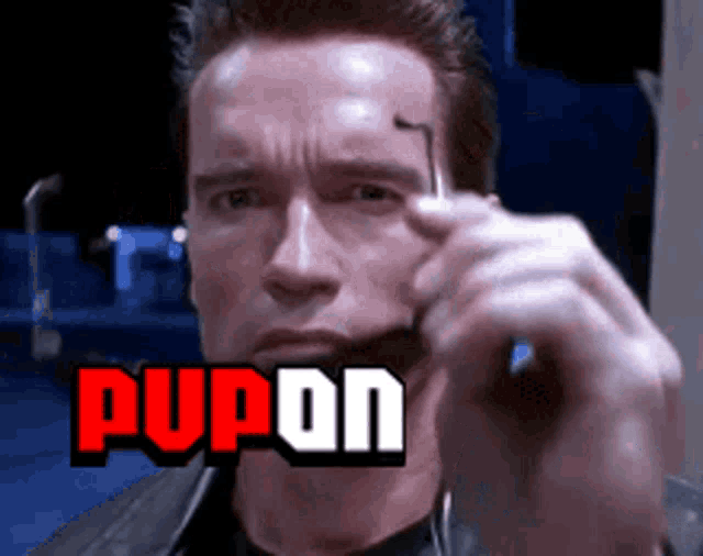 arnold schwarzenegger is holding something in his hand and the word pupon is visible
