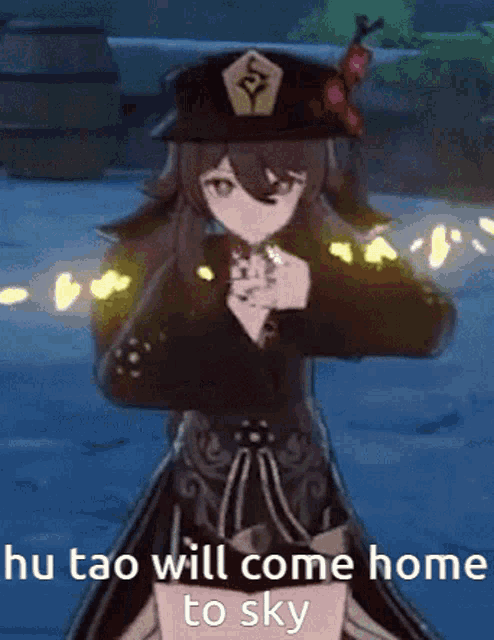 a character from a video game is standing in the snow and says hu tao will come home to sky