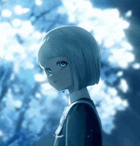 a drawing of a girl with short white hair and blue eyes