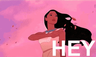 a cartoon of a woman with long hair standing in front of a pink background .