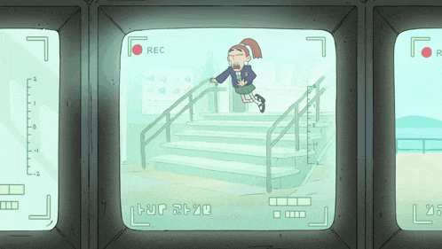 a cartoon of a girl running down stairs is being recorded on a camera
