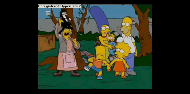 a group of simpsons characters are standing in a park