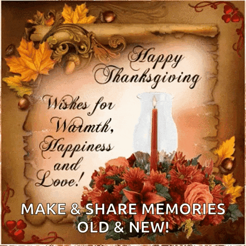 a happy thanksgiving card with a candle and flowers on it