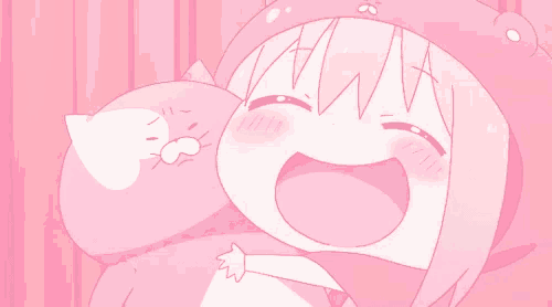 a girl in a pink hat is hugging a stuffed animal