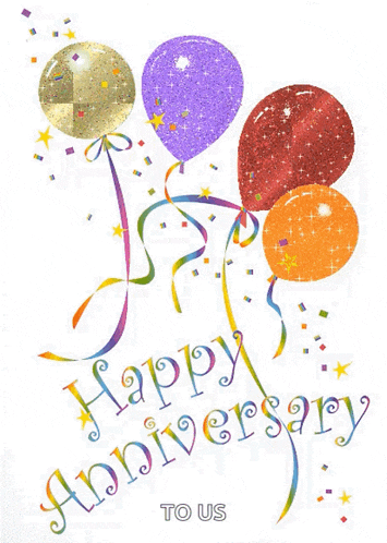 a happy anniversary greeting card with balloons and confetti