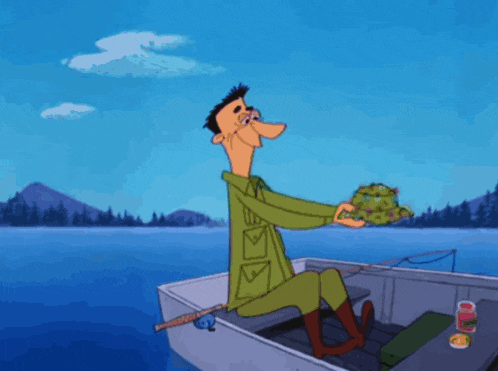 a cartoon of a man in a boat with a large fish on his head