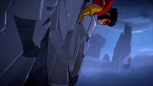 a cartoon character with a red cape is climbing up a rock