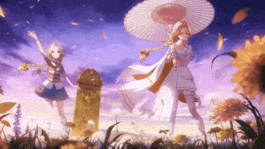 two anime girls are standing in a field of flowers