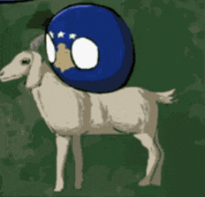 a goat standing next to a blue globe with stars on it