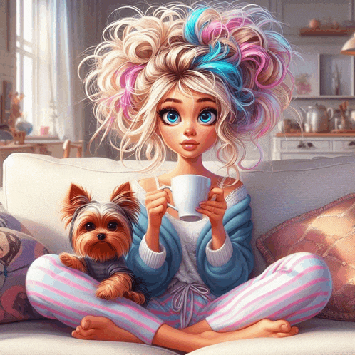 a girl sitting on a couch holding a cup of coffee and a small dog