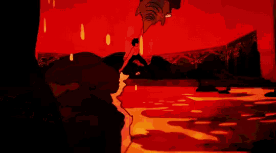 a cartoon of a person standing in a room with a lot of red and yellow liquid coming out of it .