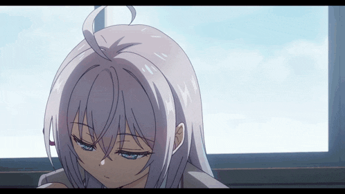 a girl with long white hair and blue eyes is looking out a window