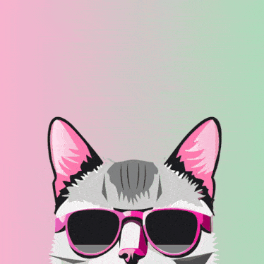 an illustration of a cat wearing pink sunglasses with the word happy above it