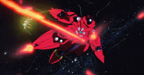 a red space ship is flying through space with a green light coming out of it