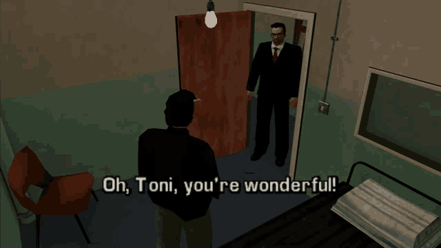 a man in a suit and tie is talking to another man in a room with the words " oh toni you 're wonderful "