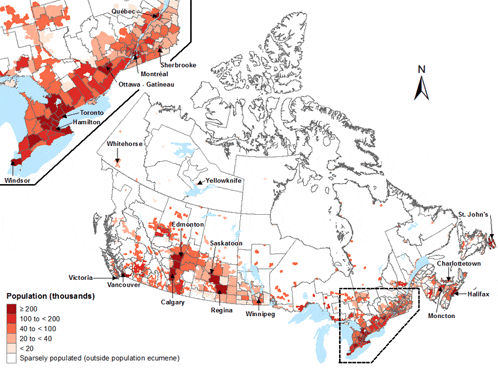 a map of canada shows the number of people in each city