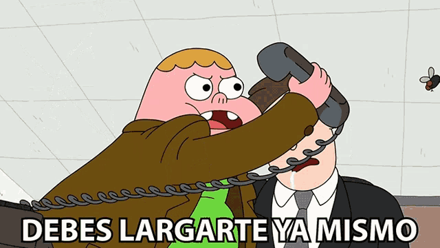 a cartoon character talking on a phone with the words debes largarte ya mismo