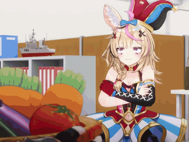 a girl in a jester costume is sitting in front of a bunch of carrots and tomatoes