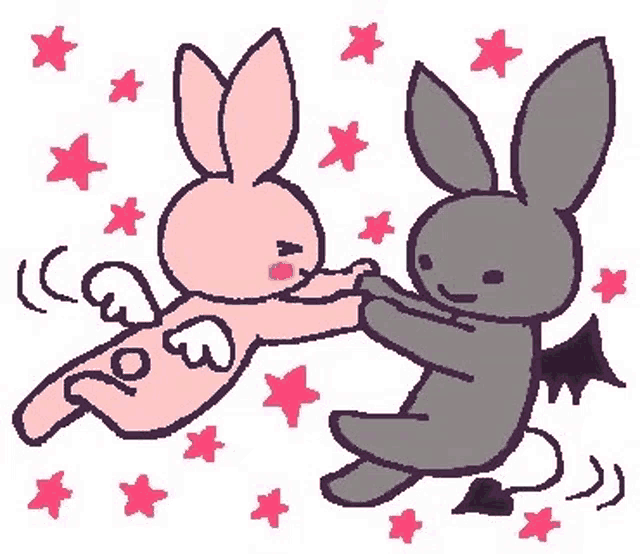 a pink bunny is flying next to a gray bunny with wings and a bat .
