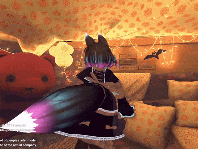 a girl with a purple tail is standing in a room with a sign that says " you are lovely "