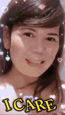 a woman 's face is surrounded by hearts and the words " i care " on the bottom
