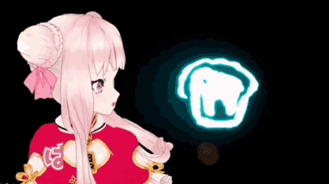 a girl with pink hair is standing next to a glowing elephant symbol