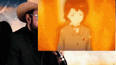 a man wearing a straw hat and glasses looks at a picture of a girl