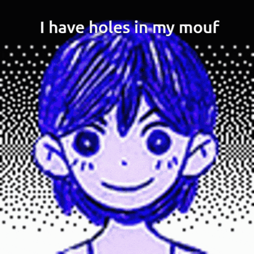 a drawing of a boy with blue hair and the words `` i have holes in my mouf '' .