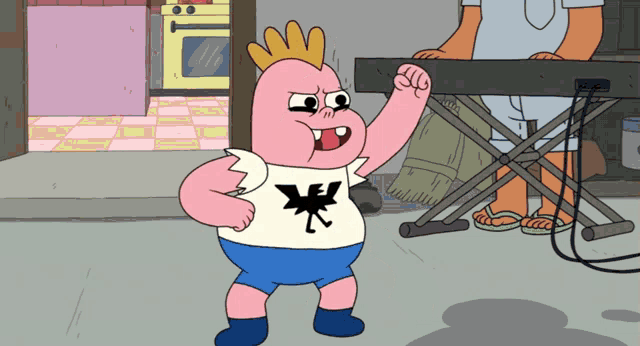 a cartoon character wearing a white shirt with a black eagle on it