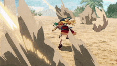 a woman in a red dress is standing in the sand with a sword in her hand