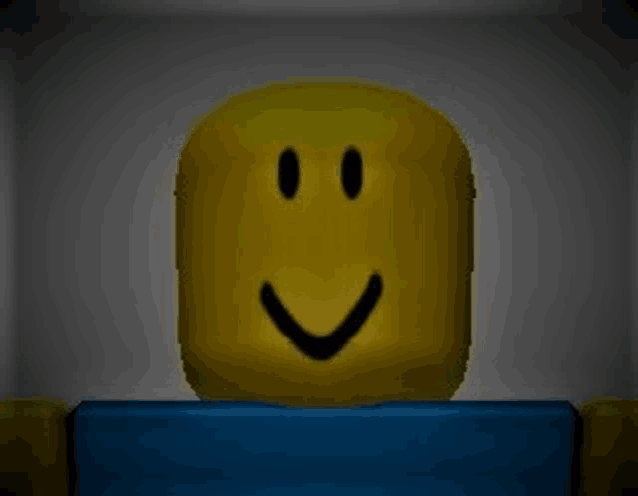 a yellow roblox character with a smiley face is sitting on a blue block .