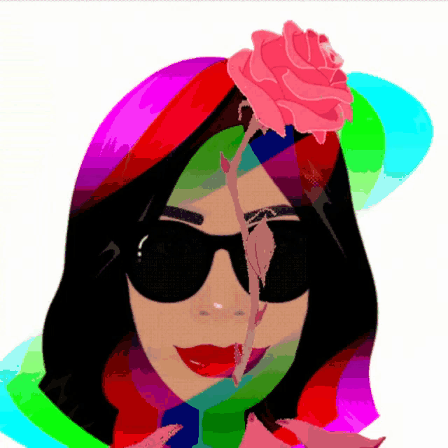 a woman wearing sunglasses holds a pink rose in her hair