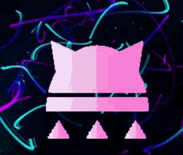 a pink cat 's head with three triangles on a dark background .