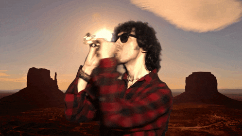 a man wearing sunglasses and a plaid shirt stands in front of mountains