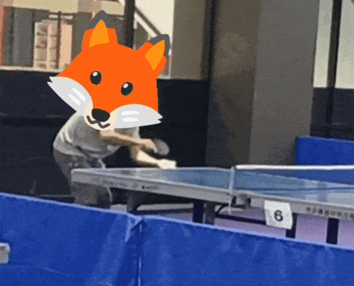 a man is playing ping pong with a fox mask on his head