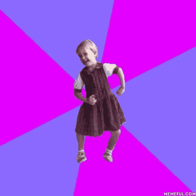 a little girl in a plaid dress is dancing on a blue and purple background