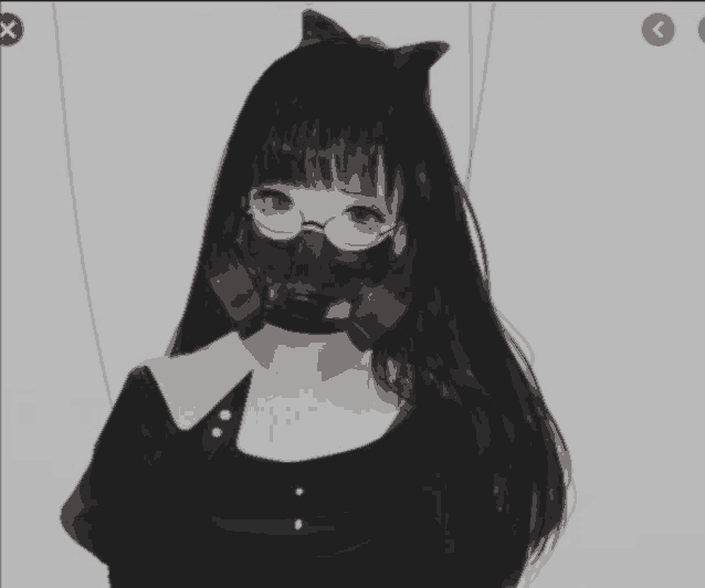 a girl wearing a gas mask and glasses is hanging from a string